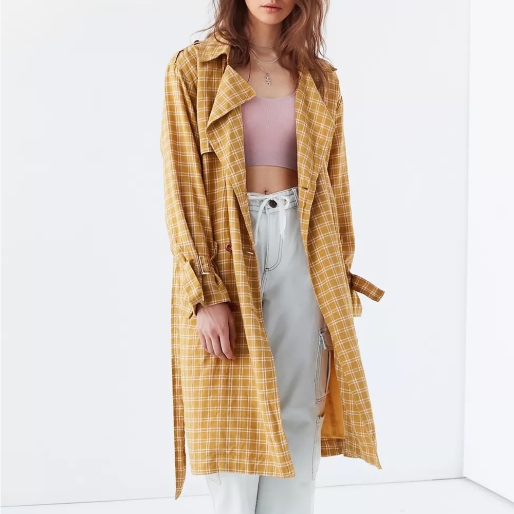 UO Plaid Linen Trench Coat